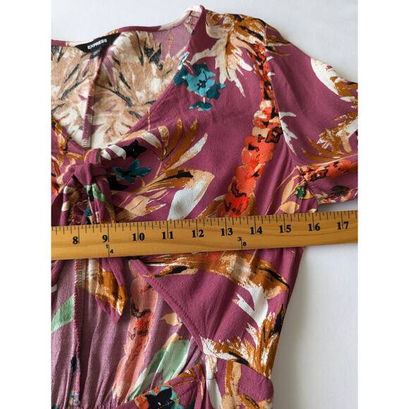 Express Womens Floral Front Cutout Midi Wrap Dress Sz Small Burgundy Multi-Color - Picture 7 of 8